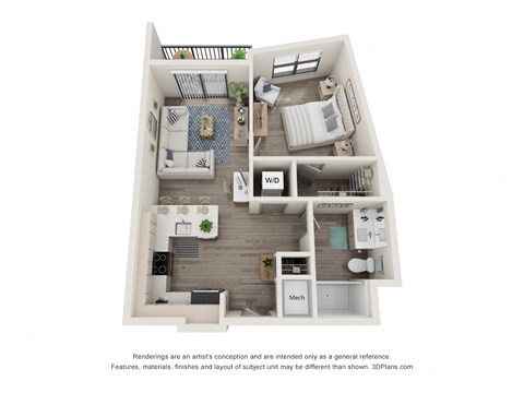 Floor plan for 1 bed, 1 bath, 707 sqft